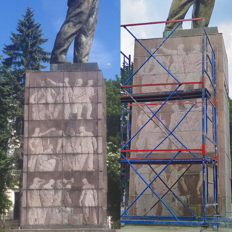 Пескоструйная очистка методом СВАО барельефа на гранитном постаменте, до и после реставрации